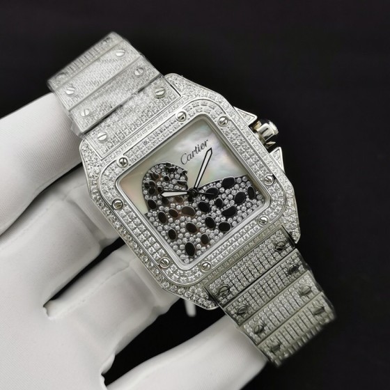 Cartier Santos Silver-Tone Panther Watch with Moissanite